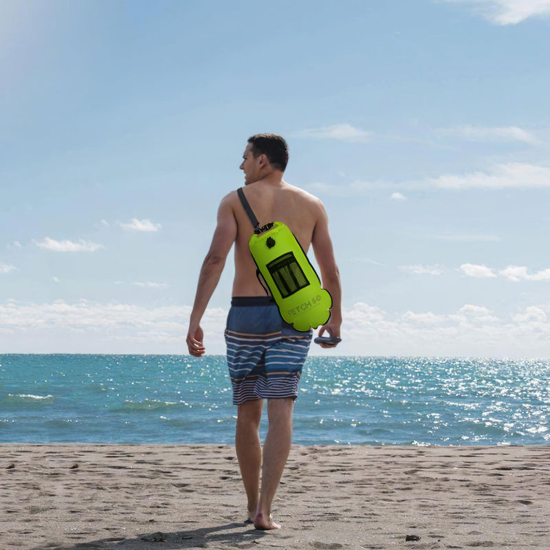 Swim Buoy Dry Bag | Double Chamber Dry Bag with Handles, Nutrition Pouch and Whistle | Flourcesent Yellow Swimming Tow Float - BeesActive Australia