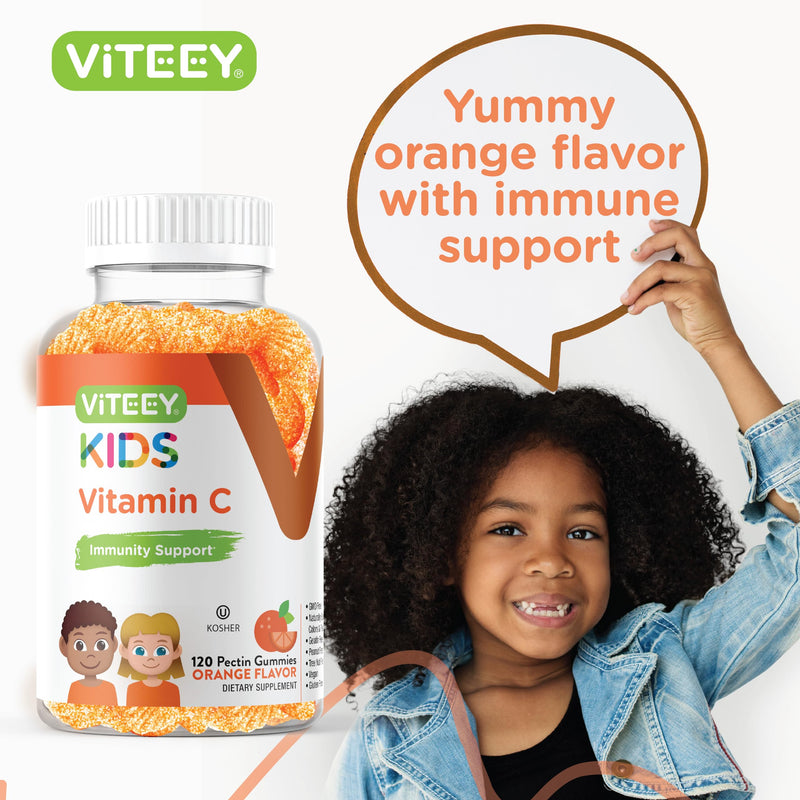 Viteey Kids Vitamin C Gummies - Tasty Chewable Orange Flavored | Immune Support for Kids, Toddlers, & Teens - Vegan, Gelatin Free, Gluten Free, GMO Free Immunity Gummy-120 Count 120 Count (Pack of 1)