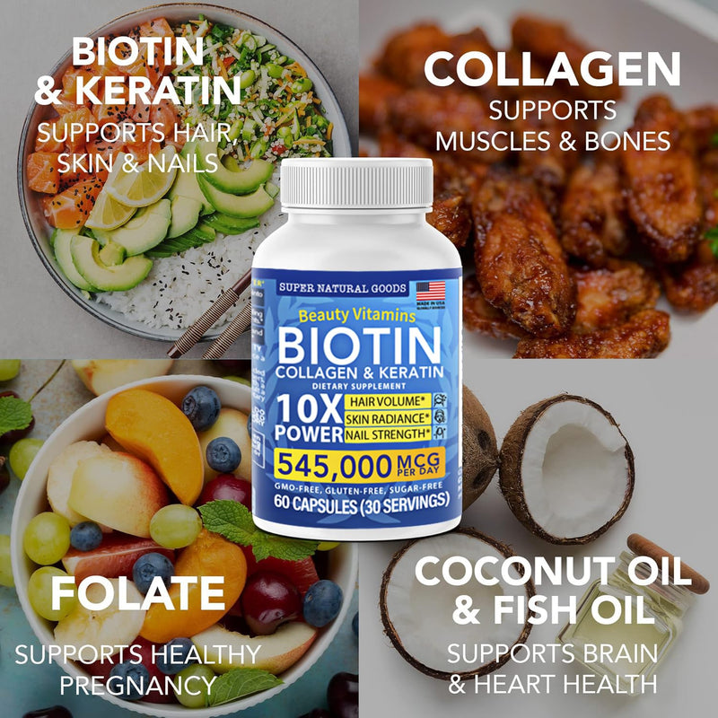 Biotin and Collagen Vitamins + Keratin with Folate - Hair Loss Treatments for Women & Men - Follicle, Skin and Nail Supplements for Hair Growth & Postpartum Support - GMO Free & Gluten Free (120 Caps) 120 Count (Pack of 1)