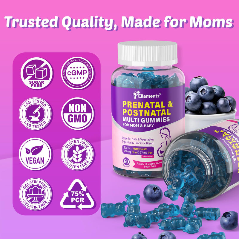 Prenatal Vitamins for Women Gummies + Methylfolate, DHA & Iron, Vegan,120Ct | w/ Omega-3, Organic Food Blend, Choline, Vitamin D3 B6 B12 - Multivitamin for Women Before, During & Post Pregnancy, 0g Sugar 60 Count (Pack of 2)