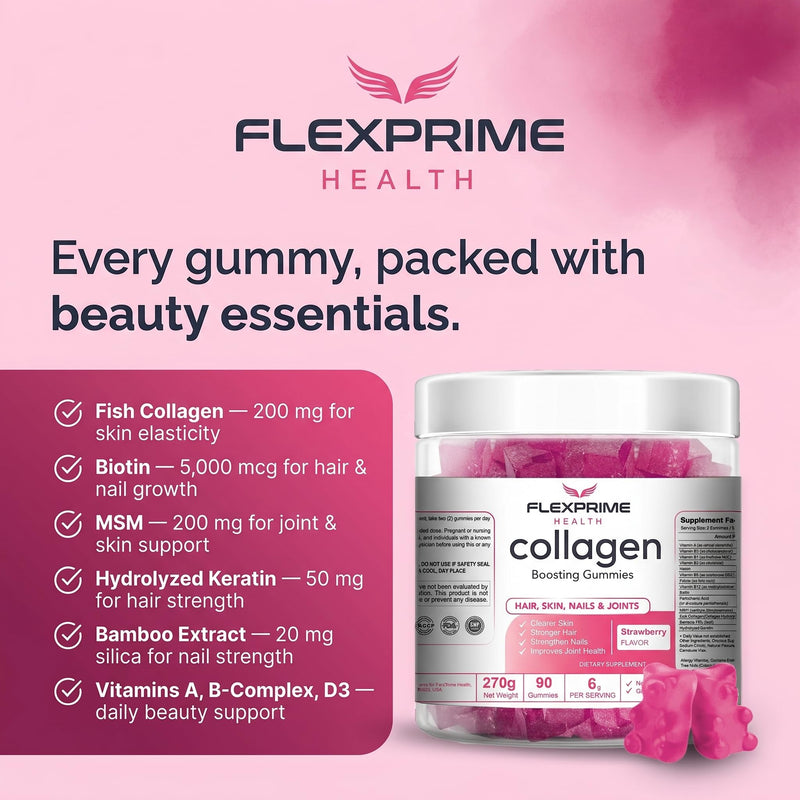 Collagen Gummies for Women & Men with Biotin, Hyaluronic Acid & Vitamin C - Hair, Skin & Nails Support | Sugar Free, Halal, Non-GMO Strawberry Chews | 90 Count Collagen Strawberry