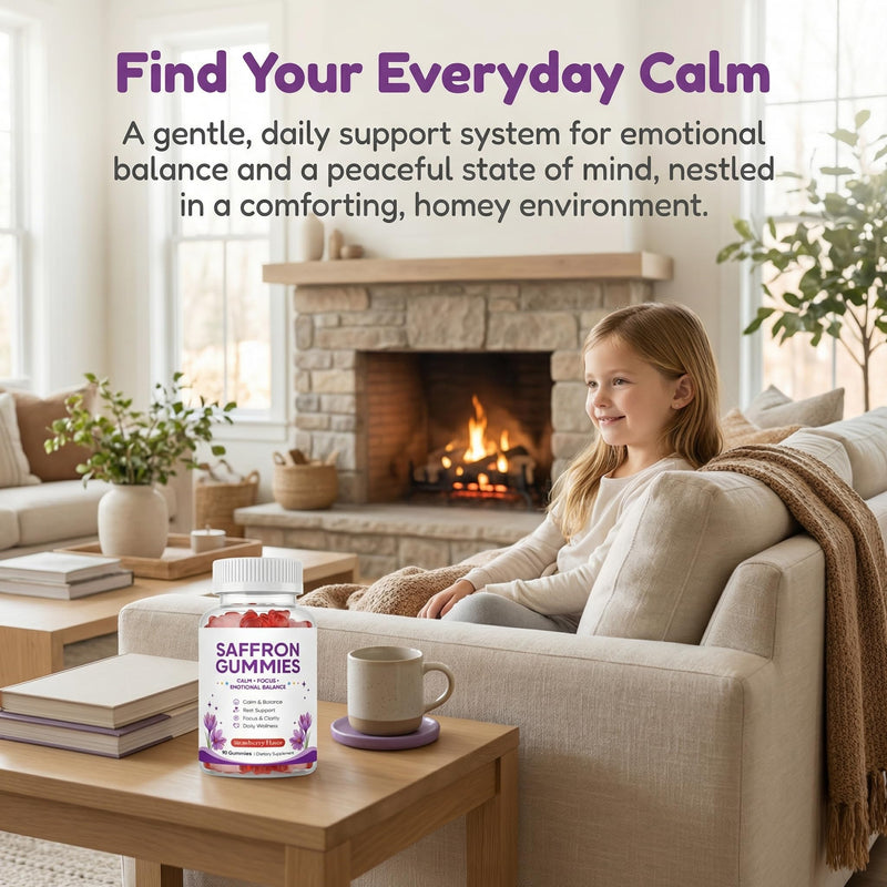 Saffron Gummies, Mood & Calm Support withPassion Flower, St. John's Wort, GABA & Vitamin D2,Emotional Balance & Focus Formula, Strawberry Flavor, 90Gummies