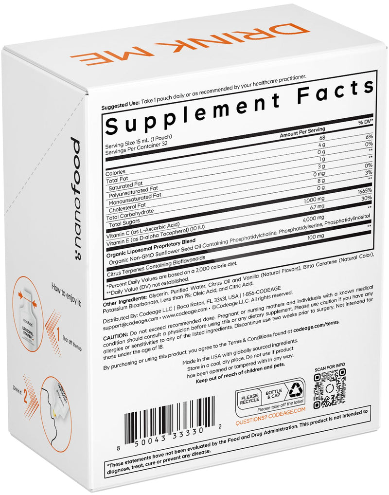 Codeage Liposomal Vitamin C Liquid 1000mg Vitamin C, 4000mg Essential Phospholipids, Supplement For Daily Immune Support, Liposomes For Absorption, Citrus Bioflavonoids, Vitamin E, Non-GMO, 32 Pouches