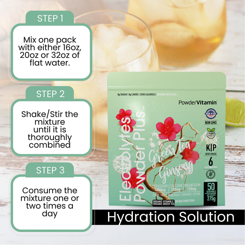 PowderVitamin Electrolytes Powder Plus - 50 Servings - Green Tea Ginseng | Sugar-Free Hydration Powder, 1000mg Potassium, 120mg Magnesium, 120 mg Calcium, Himalayan Salt, Vitamin C & Zinc, USA Made