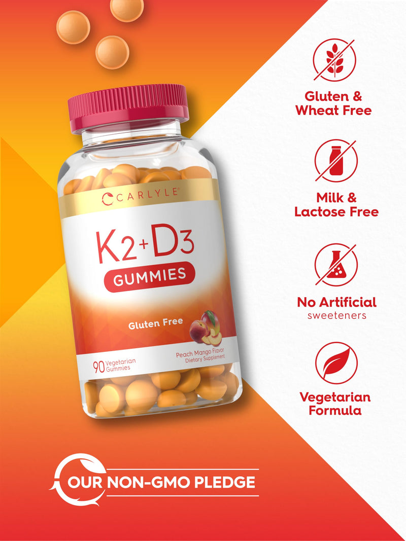 Carlyle Vitamin D3 K2 Gummies | 90 Count | 5,000 IU of D3 + 50 mcg MK7 | Peach Mango Flavor | Vegetarian, Non-GMO, and Gluten Free Supplement 90 Count (Pack of 1)