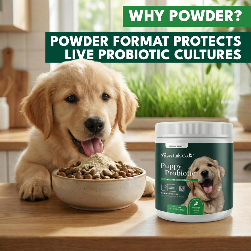 Puppy Probiotic Powder for Digestive Health & Diarrhea Relief, Gut Health Supplement with Prebiotics & Colostrum, Relieves Itchy Skin & Supports Immune System, Chicken Flavor, 14oz | NovaTails Co.