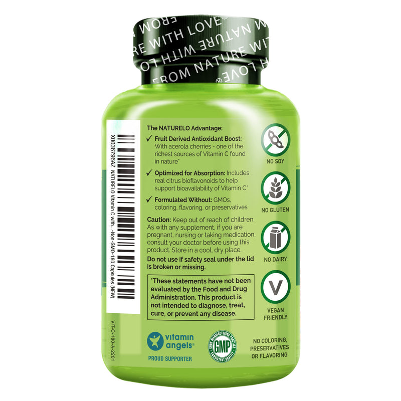 NATURELO Vitamin C 500 mg, Immune Support, Vegan, 180 Capsules | Organic acerola cherry extract, citrus bioflavonoids, Non-GMO, 500 mg VIT C per Cap 180 Count (Pack of 1)