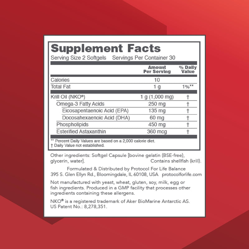 PROTOCOL FOR LIFE BALANCE Krill Oil 1,000mg - Extra Strength Krill Oil Supplement - DHA & EPA - with Astaxanthin - Support Heart, Brain, Joints - Non-GMO & Halal - 60 Softgels - BeesActive Australia
