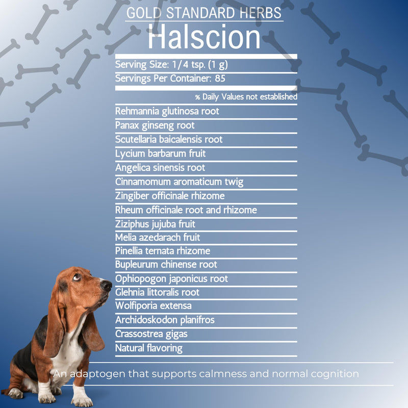 Halscion Cognitive Support and Stress Relief for Dogs by Gold Standard Herbs, All Natural Rehmannia Combination, 85 gram Powder, White Small - PawsPlanet Australia