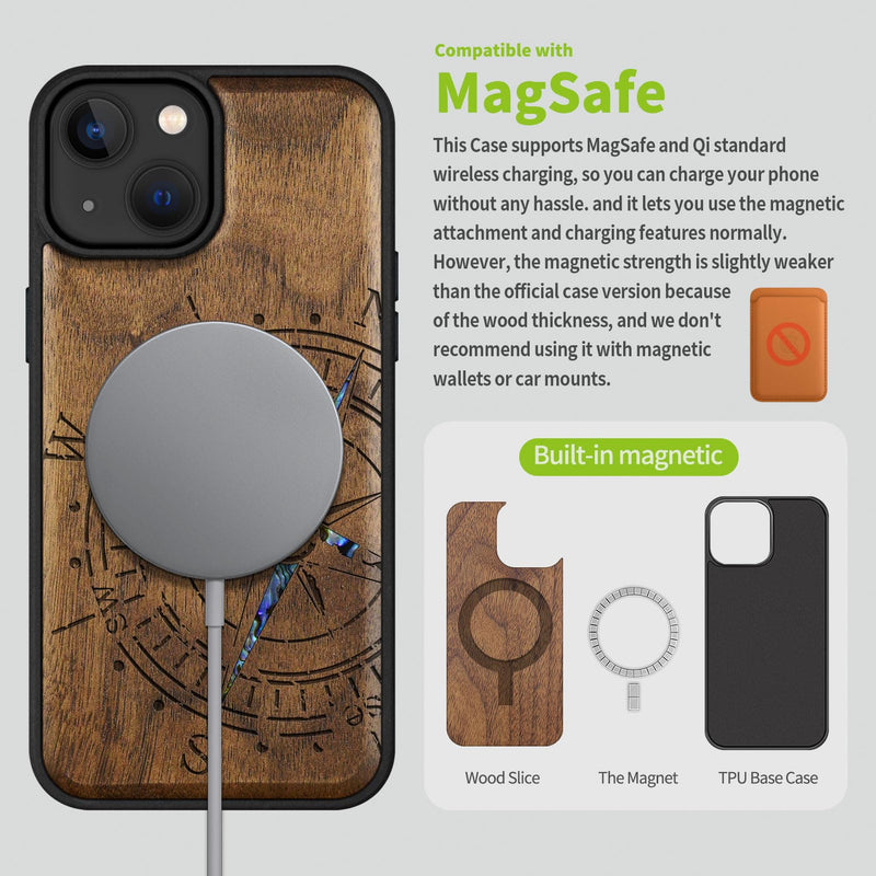 Carveit Wooden Case for iPhone 15 Magnetic Case, Compatible with MagSafe Wireless Chargers, Shockproof Cover, Handmade Shell Inlaid & Wood Artisan Engraved (Incomplete Compass) Walnut iPhone 15 (6.1 inch) Compass-Walnut