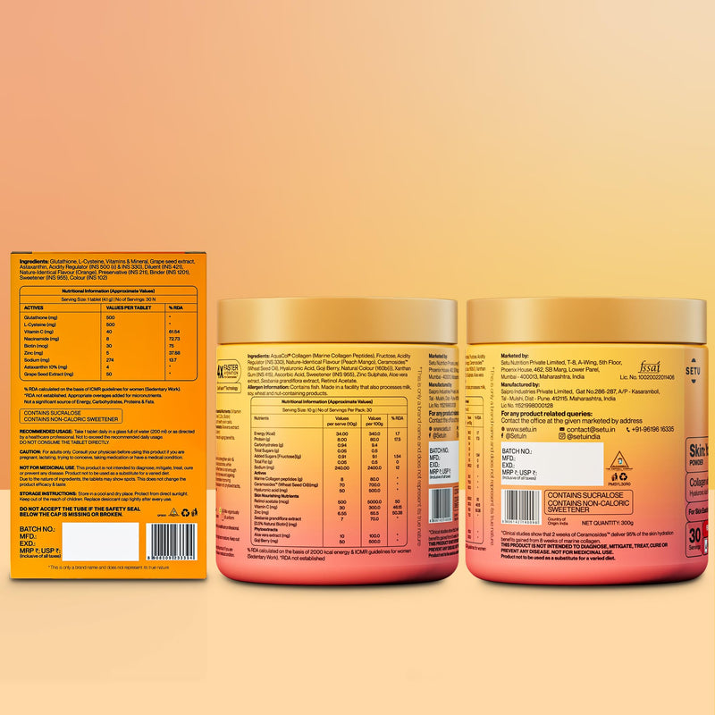 SETU Radiant Skin: Combo Contains 8g Marine Collagen + Ceramosides & 8-in-1 Glutathione Fizzy Tabs | Supports Radiant, Healthy Skin | for Men & Women