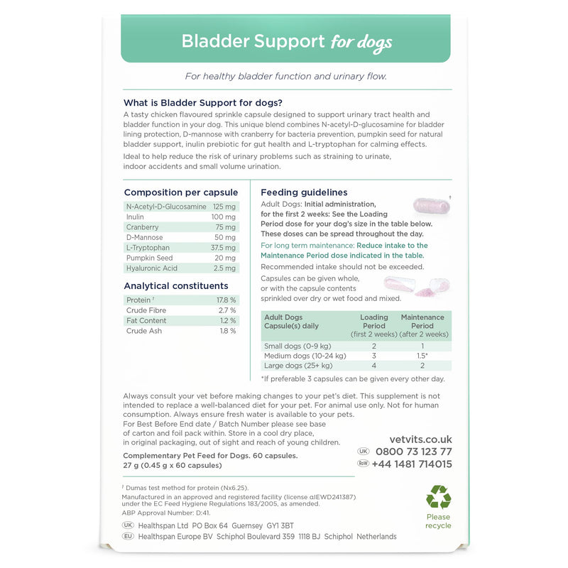 Bladder Support for Dogs (60 capsules) | Helps reduce indoor accidents | Urinary Health for Dogs | Bladder complex with pumpkin seed, D-mannose and cranberry