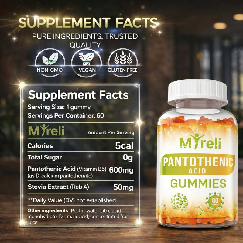 Pantothenic Acid Gummies - Vegetarian Vitamin B5 Supplement, D-Calcium Pantothenate Formula, Non-GMO, Gluten Free, 60 Chewables, Gelatin Free, Soy Free, Dairy Free, No Artificial Colors