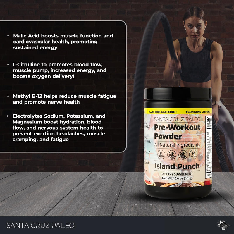 Santa Cruz Paleo Natural Pre Workout Powder, Island Punch, Keto Preworkout Electrolytes with Magnesium, Potassium, L-Citrulline, 150mg Caffeine, Sugar-Free Drink Mix for Energy & Hydration,30 Servings CAFFEINATED Island Punch - BeesActive Australia