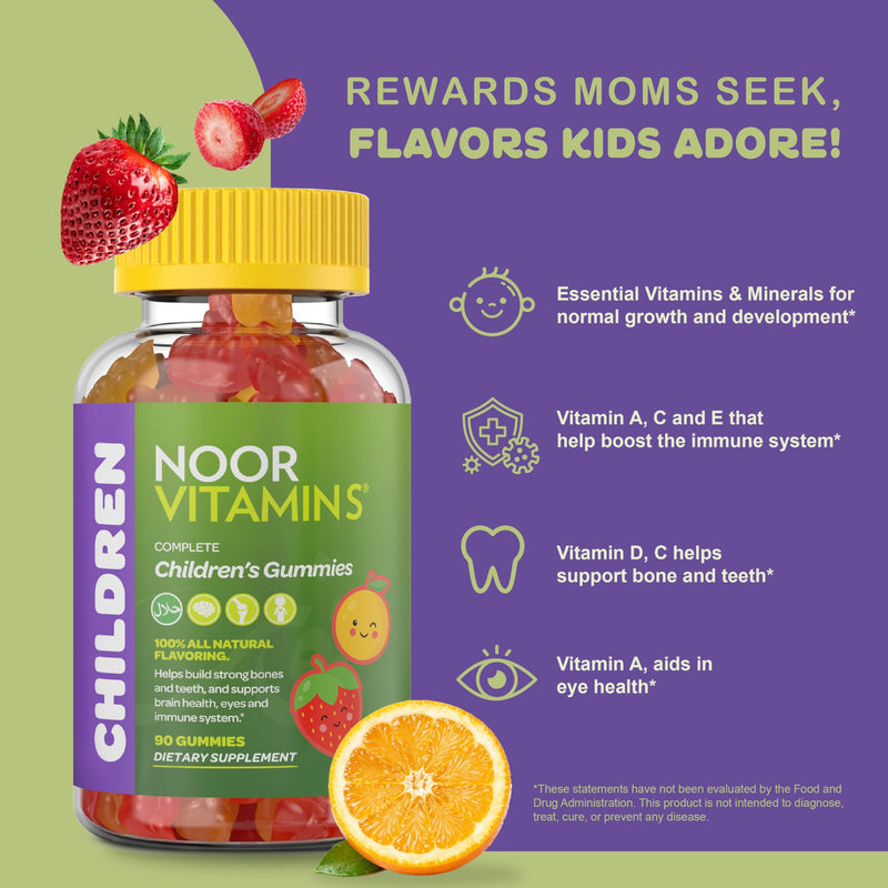 Noor Vitamins Halal Vitamins, Kids Vitamins, Kids Multivitamin Gummies: Vitamin C for Kids, D3, and Zinc for Immunity, B6 B12 for Energy. Gluten Free Halal Gummies, 90 Count Gummy Vitamins for Kid Multivitamins