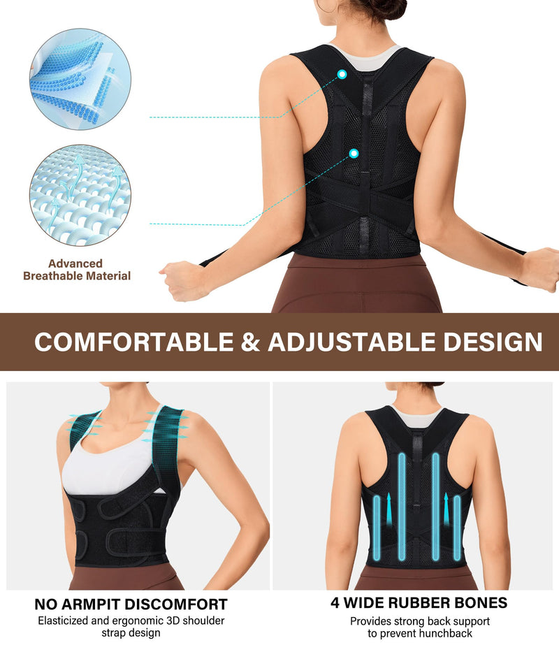 URSEXYLY Back Brace Posture Corrector for Women Breathable Posture Brace Adjustable Full Back Support Brace,Upper and Lower Back Pain Relief(Medium,Black) Medium Black
