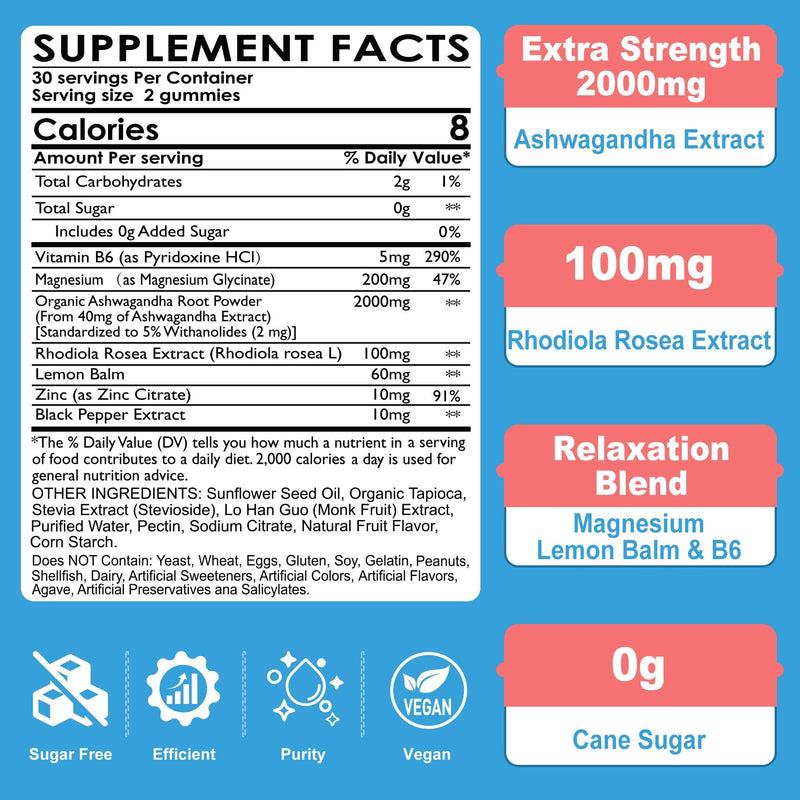 Ashwagandha Gummies, Magnesium Glycinate Gummies 2000mg for Adults, Vitamin B6, Zinc, Rhodiola Rosea, Lemon Balm, Relaxation Support, Natural Zzz, Brain, Muscle, Stamina, Energy, Sugar Free 59 Count (Pack of 2)