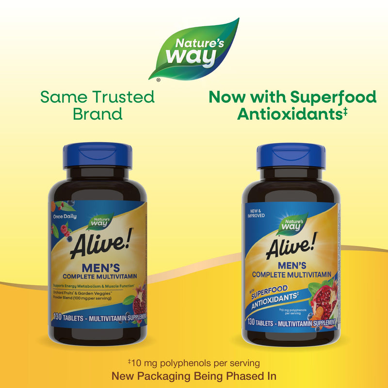 Nature's Way Alive! Men's Complete Daily Multivitamin, 130 ct | Supports Energy Metabolism* and Muscle Function*, with B-Vitamins and Superfood Antioxidants(1), Gluten-Free, Dairy-Free 130 Count (Pack of 1)