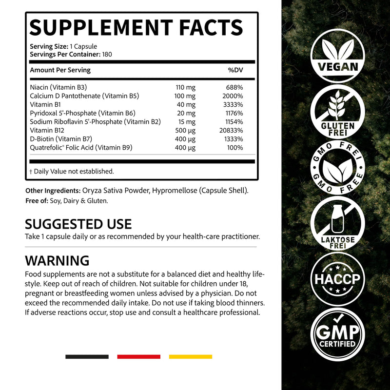 Vitamin B Complex - 500 µg B12 & 400 µg Folic Acid - 8 B Vitamins (B1, B2, B3, B5, B6, B7, B9, B12) for Energy, Nervous System & Metabolism - Vegan & Laboratory-Tested - German Brand