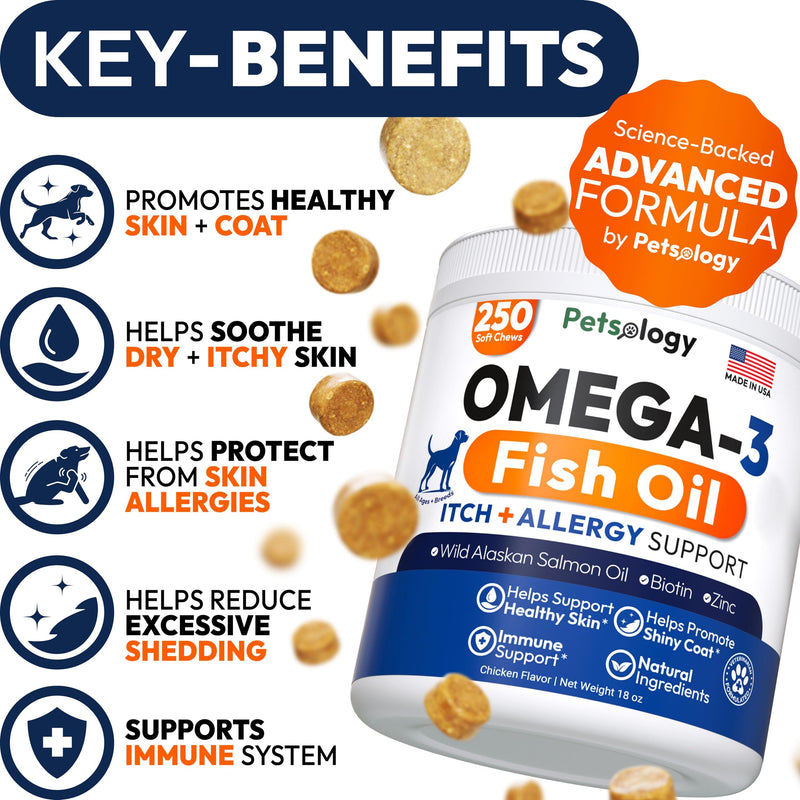 Omega 3 for Dogs - 250 Fish Oil Chews for Dog Shedding, Allergy & Itch Relief, Hot Spot Treatment - Advanced Skin & Coat Supplement - Joint Health - EPA & DHA Fatty Acids - Salmon Oil & Probiotics 250 Chews