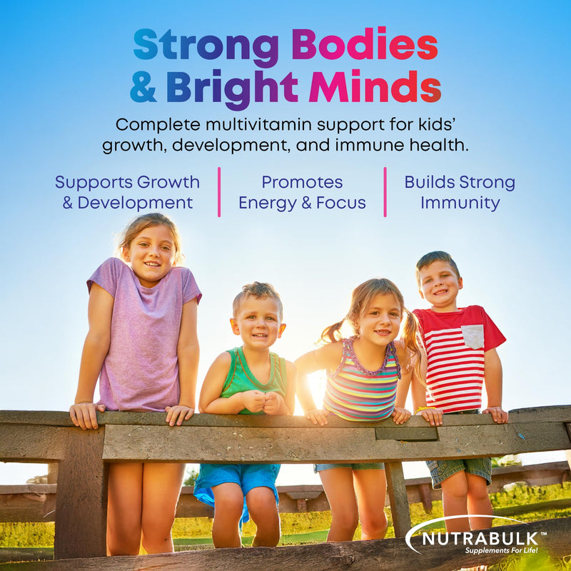 NutraBulk Children’s Chewable Multi-Vitamins - Promoting Kids' Overall Development - USA-Made, May Help to Support Immune, Bone, Brain & Overall Well Being- Vegan & Gluten Free - 120 Cherry Tablets | Fun Animal Shapes & Fruity Flavors, No Artificial Dy...