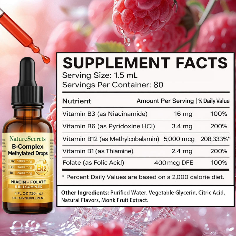 NATURESECRETS B-Complex Methylated Drops, with B12 B6 B1, Fast Sublingual Absorption, Essential B Vitamins for Energy & Nervous System Support, Raspberry Flavor, 120 mL / 4 fl oz