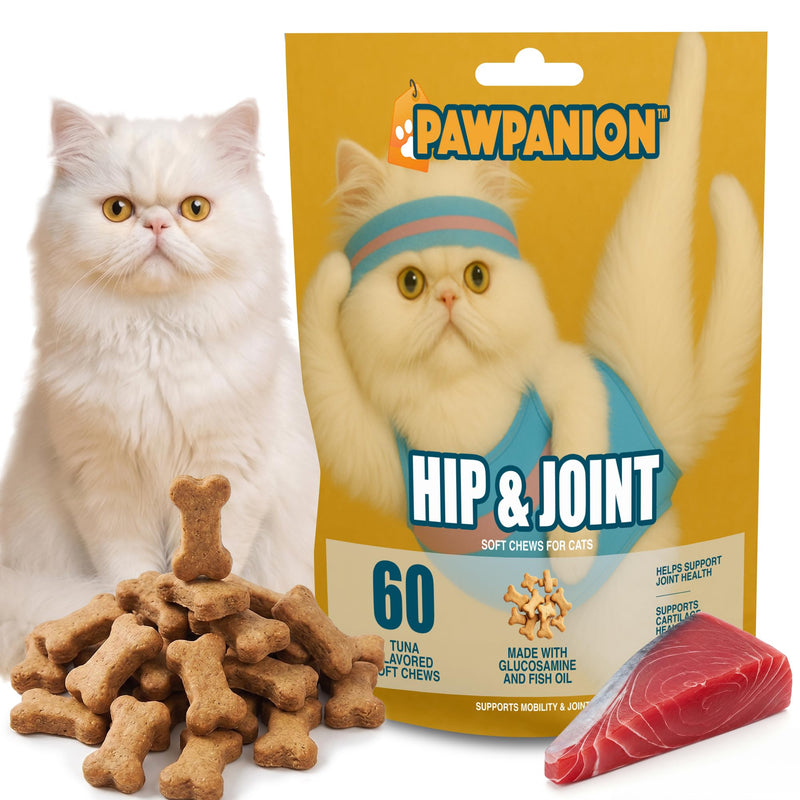 Hip & Joint Soft Chews for Cats, Glucosamine + Chondroitin + MSM, Joint Support & Mobility, Cartilage & Flexibility Support, 60 Soft Chews Tuna Flavor Hip & Joint