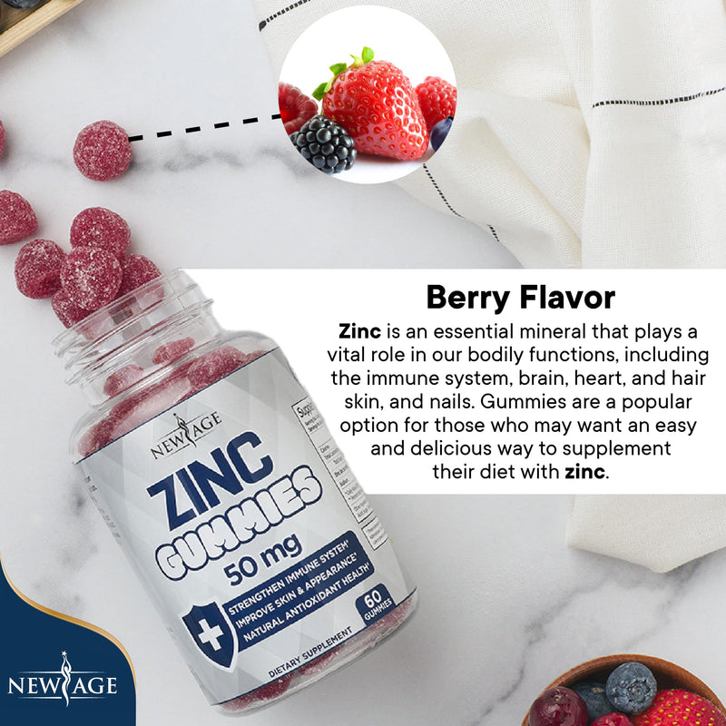 Zinc Gummies - 2 Pack - 50mg High Immune Booster Zinc Supplement, Immune Defense, Powerful Natural Antioxidant, Non-GMO - by New Age, 120 Count 60 Count (Pack of 2) - BeesActive Australia