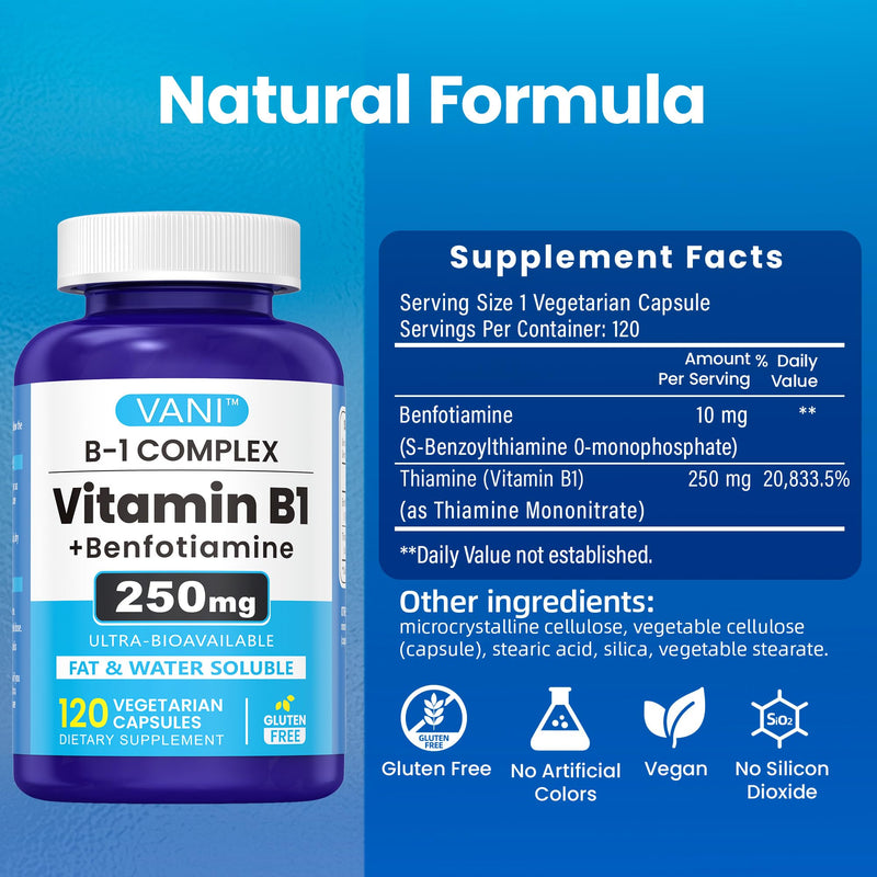 VANI 250mg Vitamin B1 with Benfotiamine, Complex 2 in 1 Enhanced Formula -Fat & Water Soluble Thiamine B1 Supplement | 120 Capsules | Gluten Free