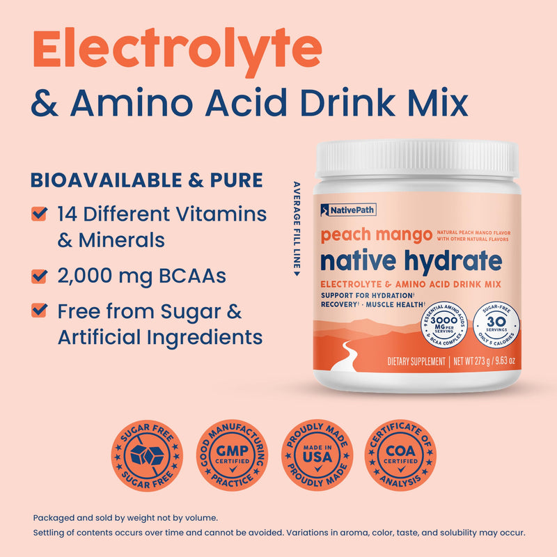 NativePath Native Hydrate, Zero Sugar, Electrolytes Powder with BCAAs, Peach Mango Hydration, Keto & Paleo Friendly, 30 Servings (Pack of 2) 9.63 Ounce (Pack of 2)