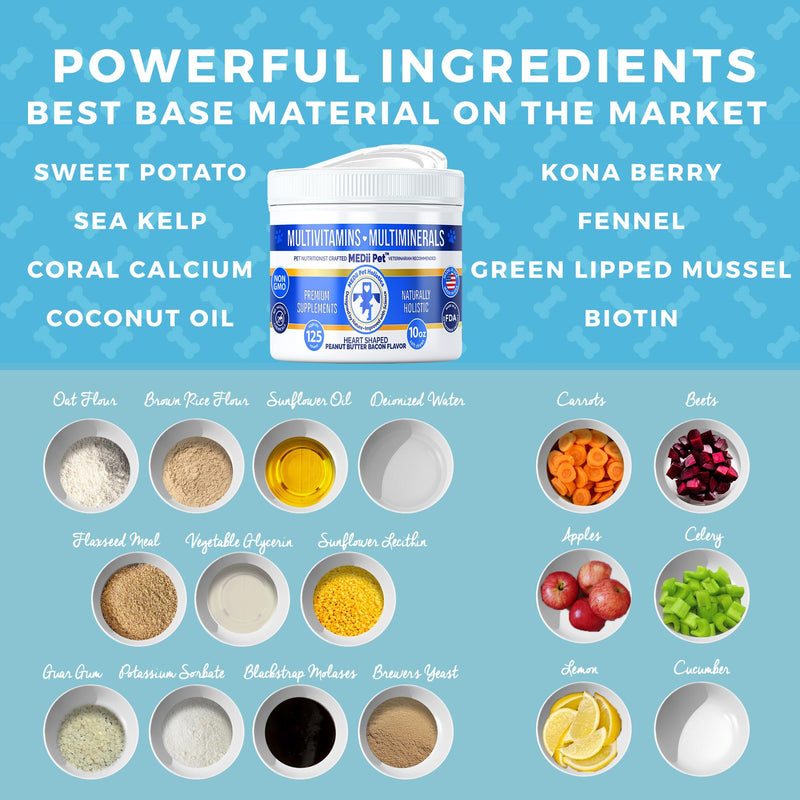 Best Dog Multi Vitamins Multi Supplements + 74 Organic Minerials. Natural, Organic, Holistic Benefits in a Soft nutrional chew. Vegan Bacon Peanut Butter Flavor. Value Pop Top Jar. - PawsPlanet Australia