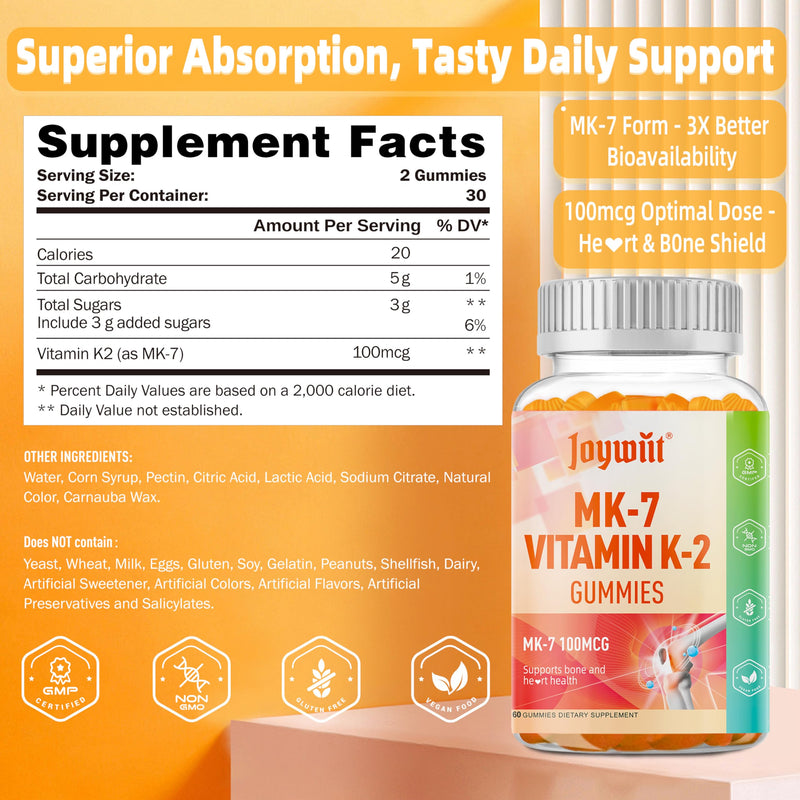 Vitamin K2 MK-7 Gummies 100mcg, Extra Strength K2 Vitamin Supplement | Mk7 Vitamin K2 for Bone & He-art Support, Chewable Natural Orange Flavor, Non GMO, Vegan, 120 Gummies 60 Count (Pack of 2)