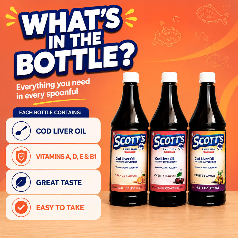 SCOTT'S EMULSION Cod Liver Oil Liquid for Kids – Fruits Flavor – Supports Growth, Immunity & Bone Health – Rich in Omega 3 & Vitamins A+D – Easy-to-Take Fish Oil – 6.5 Fl Oz Fruit Punch 6.5 Fl Oz (Pack of 1)