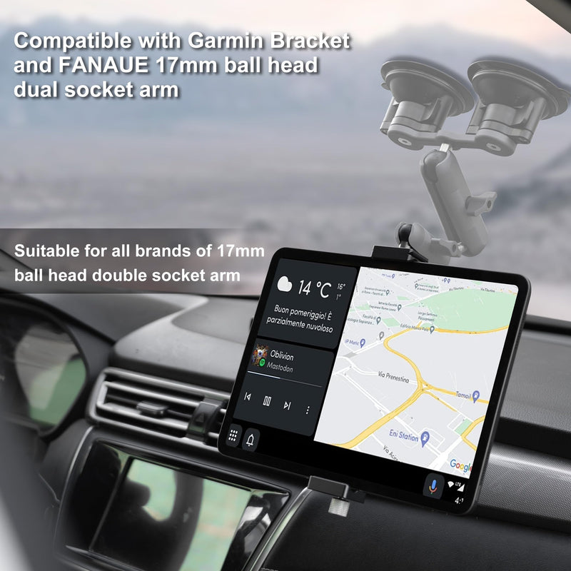FANAUE 17mm Ball Head iPad Stand for Tripod Mount, Compatible with Double Socket Arm and Car Mount, 360° Rotatable Tablet Holder for Desk Vehicles Dashboar, Supports 5.5-12.9" iPad Install