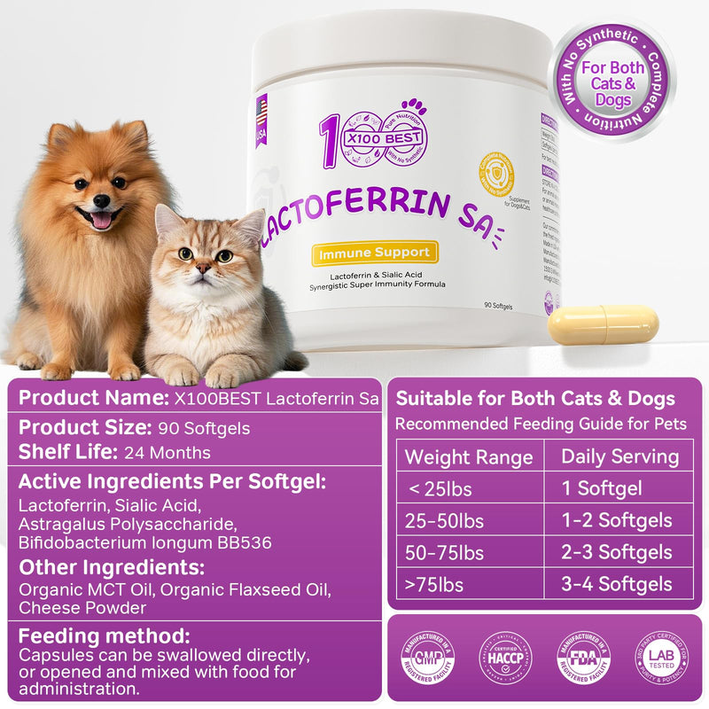 Lactoferrin & Sialic Acid for Dogs & Cats – with Astragalus Polysaccharides & BB536 Probiotics, Immune & Digestive Support for Senior Pets & Weaning Puppies/Kittens, 90 Softgels