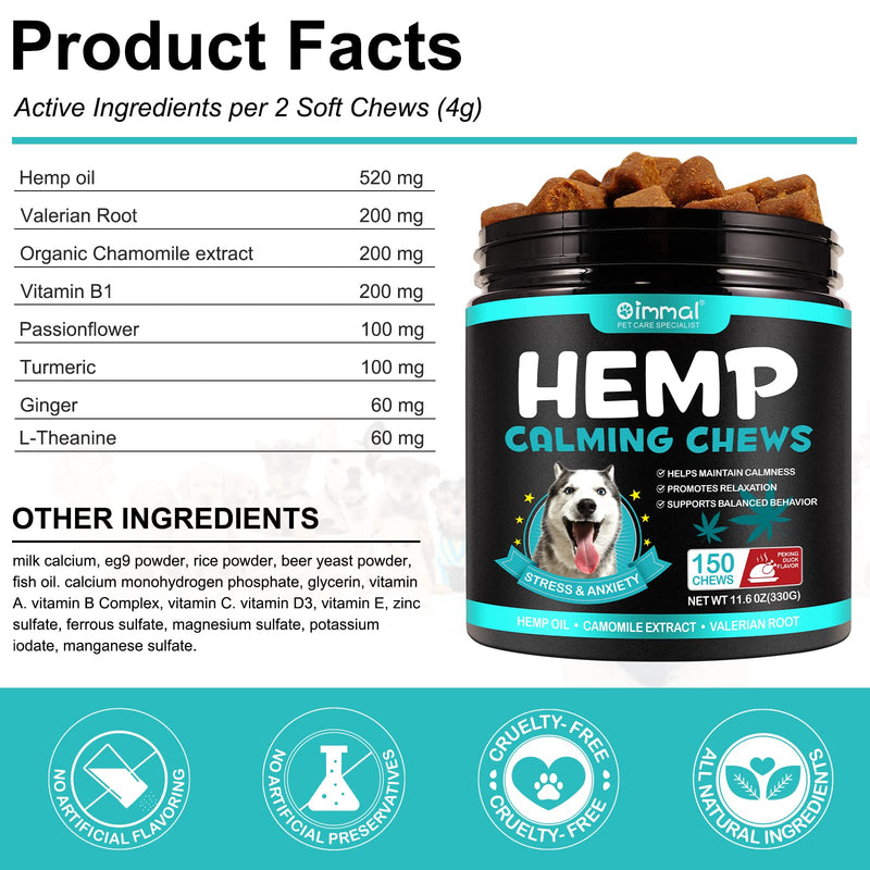 Dog Calming Chews, Hemp Calming Anxiety Relief Treats For Dogs, Reduce Stress, Fear, Separation Anxiety, Barking, Hyperactivity, Reactivity, Aggression, 150pcs