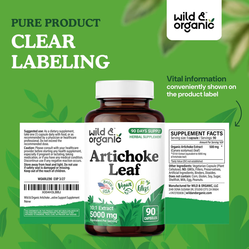Wild & Organic Artichoke Extract Capsules 500 mg - Liver & Digestive Support - Artichoke Leaf Extract Supplement - Cynara Scolymus Leaf Powder - Vegan, No Fillers, Non-GMO - 90 Count