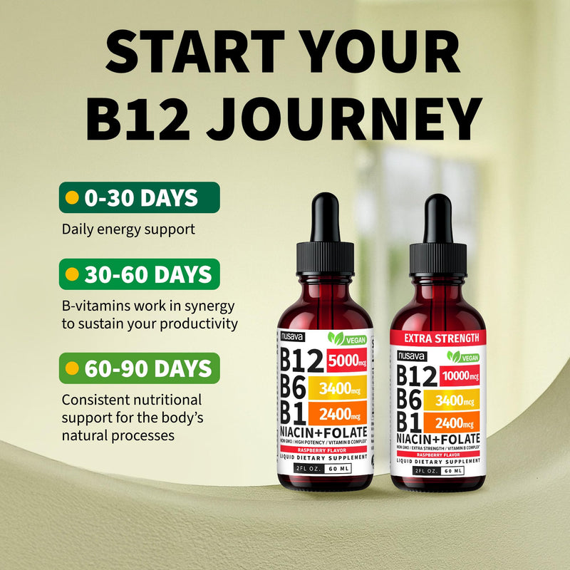 NUSAVA B12 Liquid Drops 5000mcg, Raspberry (Pack of 4) | Energy, Brain and Heart Support, Methylcobalamin B12 with B6, B1, Niacin and Folate, Sublingual Drops for Women and Men 2 Fl Oz (Pack of 4)