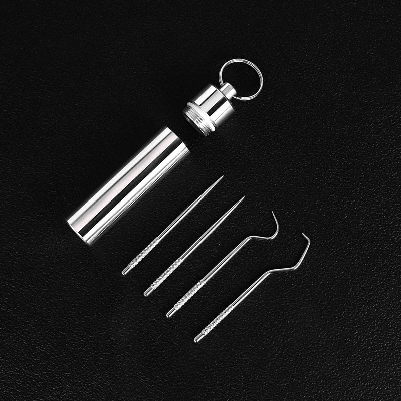 4 Pcs/set Portable Stainless Steel Pocket Set Reusable Metal Toothpicks, Holder for Outdoor Picnic Camping Traveling Supplies(1) 4 Pcs - BeesActive Australia