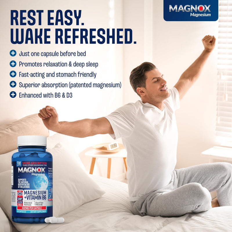 MAGNOX® High Absorption Magnesium Supplement with B6 & D3 Vitamins for Women & Men | Sleep Support | One Capsule a Day for Full Dosage (432mg) Patented & Clinically Tested Formula (60 pils) MAGNOX B6 60 Count (Pack of 1)