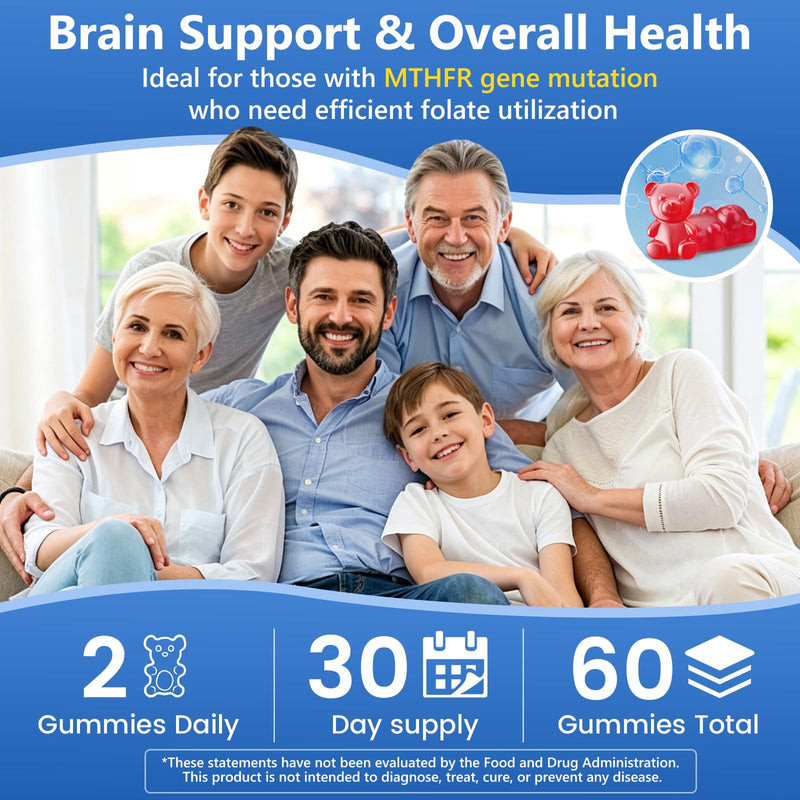 L-MethylFolate 15mg+ Methyl B12 Gummies for Kids & Adults - Active 5-MTHF with Methyl B6, B1, B2 Multivitamin, Supports MTHFR Gene, Cognition, Focus, Vegan, Raspberry Flavor, 120 Count 60 Count (Pack of 2)