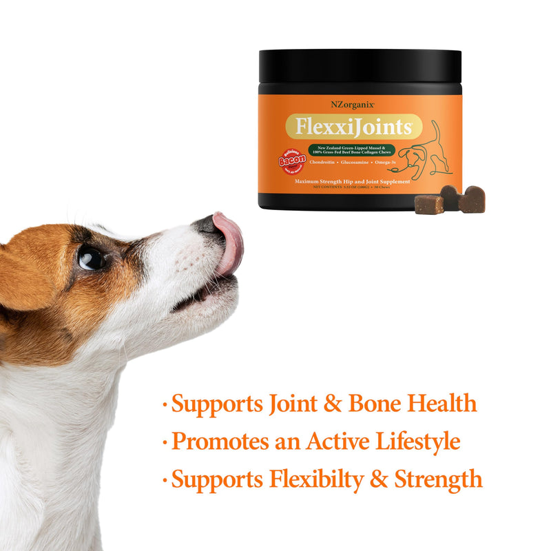 NZorganix FlexxiJoints Hip and Joint Supplement Chews for Dogs, Cats • 100% Grass-Fed Beef Bone Collagen New Zealand Green-Lipped Mussels • 100 Chews