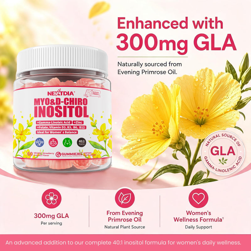 Inositol Gummies for Women + Evening Primrose Oil, Myo & D-Chiro 40:1 Ratio | Sugar Free Myo-Inositol Supplement with Vitamin D3 B6 B12 & Zinc, Hormone Gummies for Women's Daily Wellness, Vegan, 60Ct 60 Count (Pack of 1)