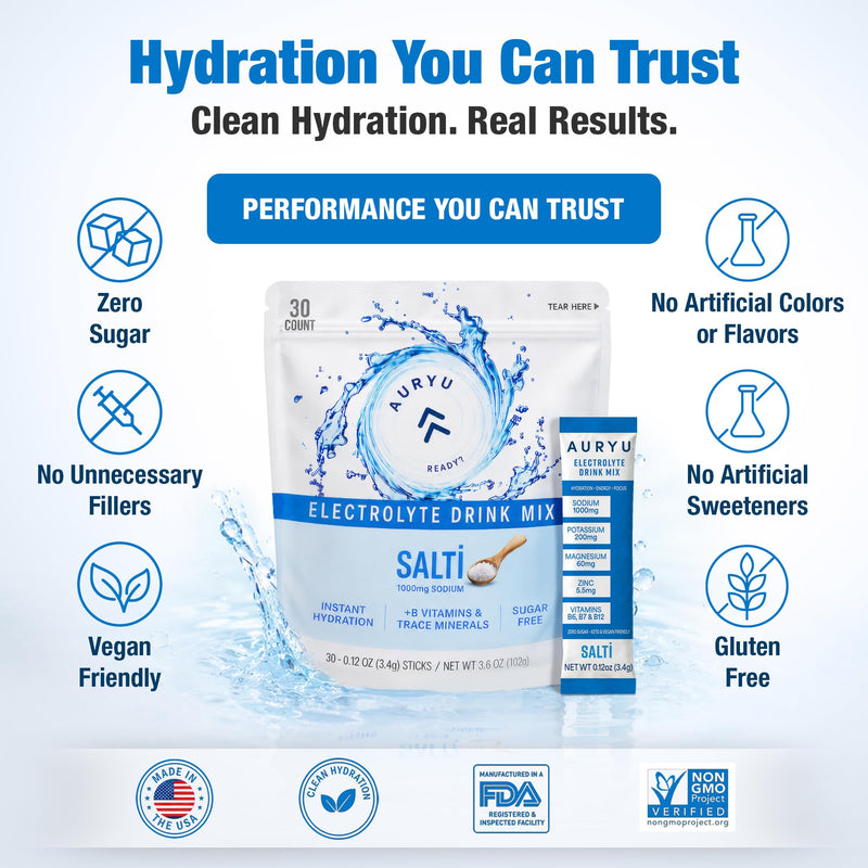 Salti Electrolytes Powder Packets - Unflavored Hydration Drink Mix, Sugar Free Electrolyte Powder with 1000mg Sodium, B Vitamins & Trace Minerals, Keto Electrolytes, 30 Stick Packs