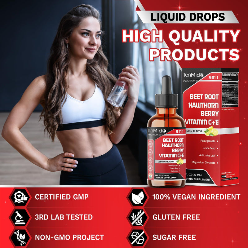 9in1 Beet Root Extract Liquid Drops with Vitamin C, Vitamin E, Hawthorn Berry, Pomegranate, Grape Seed, Artichoke, Magnesium Glycinate, and Black Pepper - 30ml 1 Fl Oz