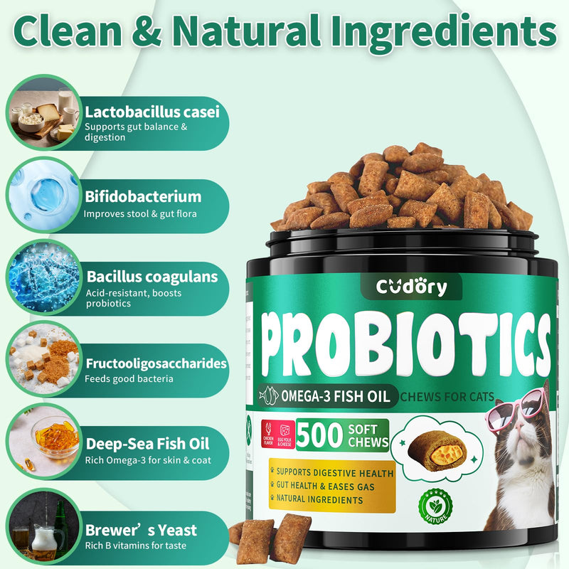 Cudory Chews for Cats Bundle-Allergy Relief for Cats+Cat Probiotics Tasty Chews for Digestive & Gut Support-Omega 3 & Probiotic Natural Cat Supplements-Chicken