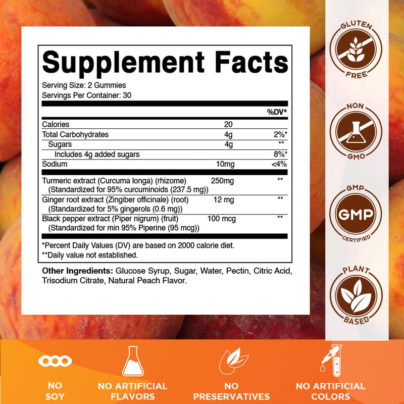 Vitamatic Vegan Turmeric Gummies with Ginger & Black Pepper, 60 Count | 95% Curcuminoids and piperine, Supports Inflammatory & Antioxidant Activity*, Natural Peach Flavor, Gluten Free, Non-GMO