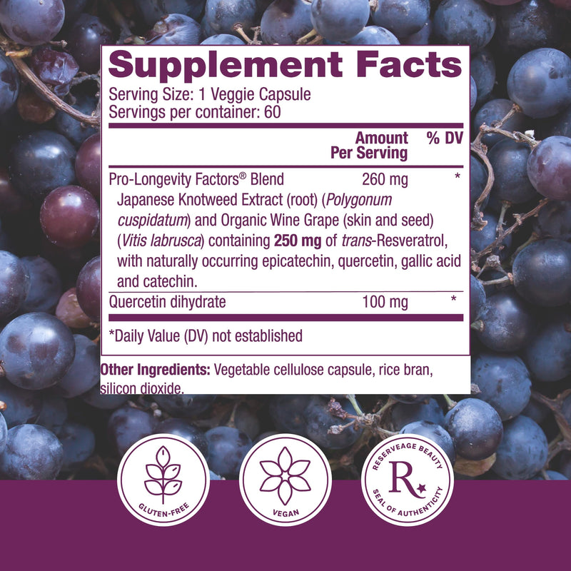 Reserveage Beauty Resveratrol 250 mg - Best Trans-Resveratrol - Vegan Antioxidant Supplement for Cellular & Heart Health - Aids Healthy Aging & Immune Health - 60 Vegetable Capsules 60 Count (Pack of 1)