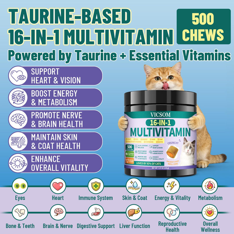 VICSOM Cat Multivitamin & Allergy Relief Bundle, Taurine 16-in-1 Cat Vitamins Chews + Natural Itchy Skin & Immune Support Soft Chews, Heart, Skin, Seasonal Allergy & Daily Wellness Support