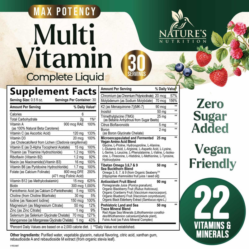 Liquid Multivitamin - Sugar Free Daily Multi Vitamin for Women, Men & Kids, Vitamins A, C, D, B-12, Biotin & Zinc - Supports Faster Hair Growth & Skin Wrinkles, Vegan, Non-GMO, Berry Flavor, 15 Fl Oz